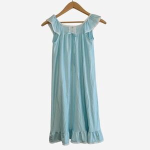 Vintage Her Majesty Blue Lace Trim Coquette Nightgown Ruffle Hem USA 6